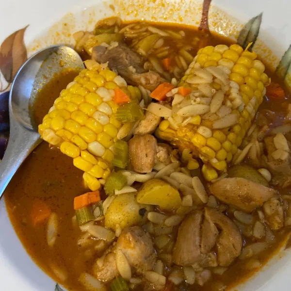 Overvloedige Noodle Soep Met Kip In Panamese Stijl (Sancocho)