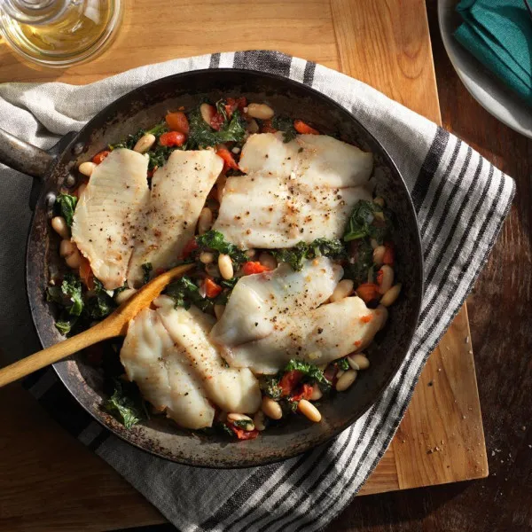 Tilapia Pan met Witte Bonen en Boerenkool